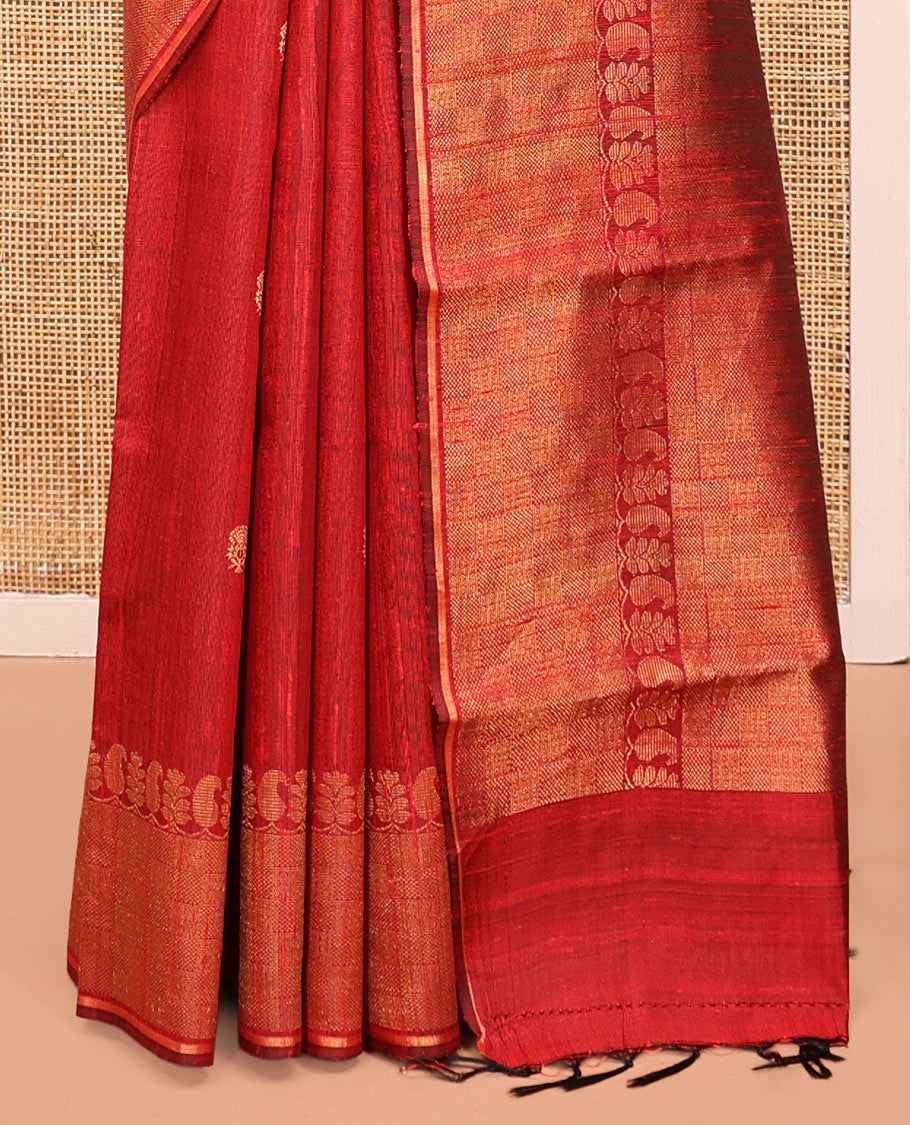 Red Dupion Silk Saree, Subtly Enriched with Buttas, a Traditional Border, Gleaming Zari Pallu, and a Matching Blouse