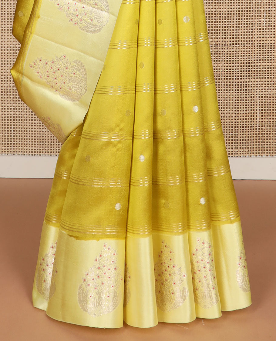 Mustard striped, motifs raw mango silk saree with self floral design border & checked design pallu