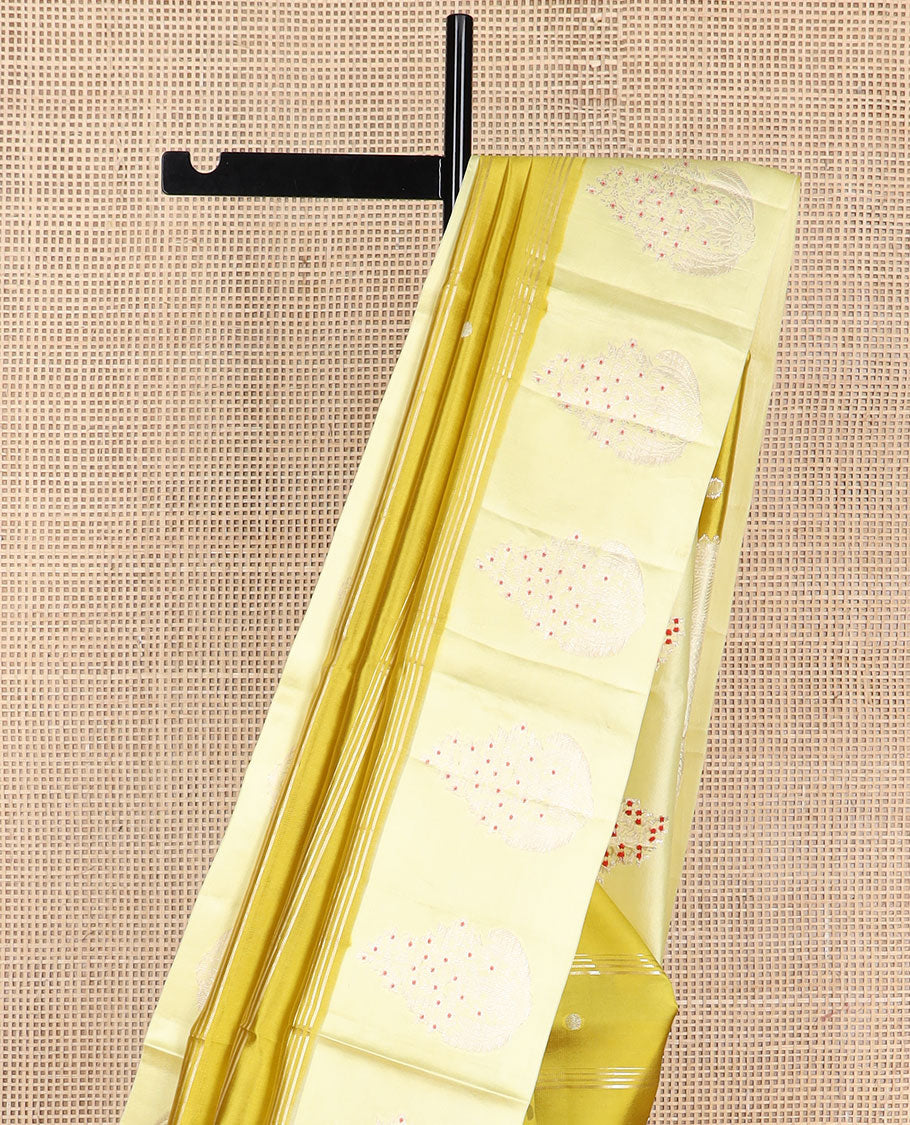Mustard striped, motifs raw mango silk saree with self floral design border & checked design pallu