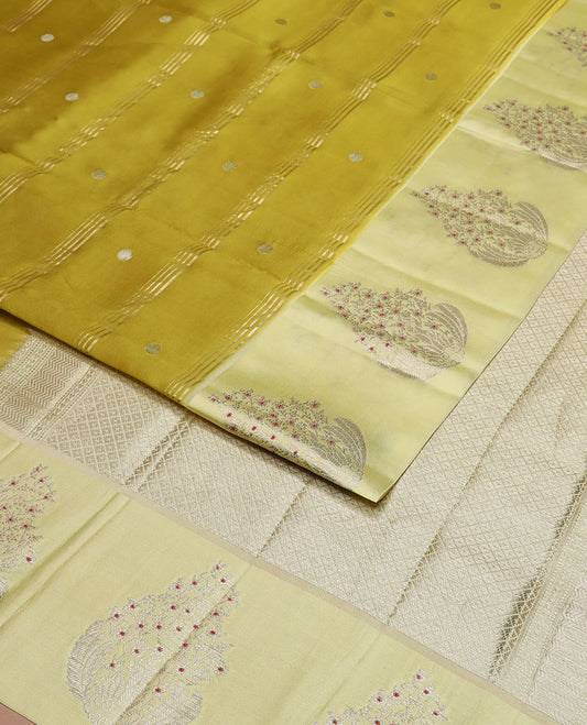 Mustard striped, motifs raw mango silk saree with self floral design border & checked design pallu