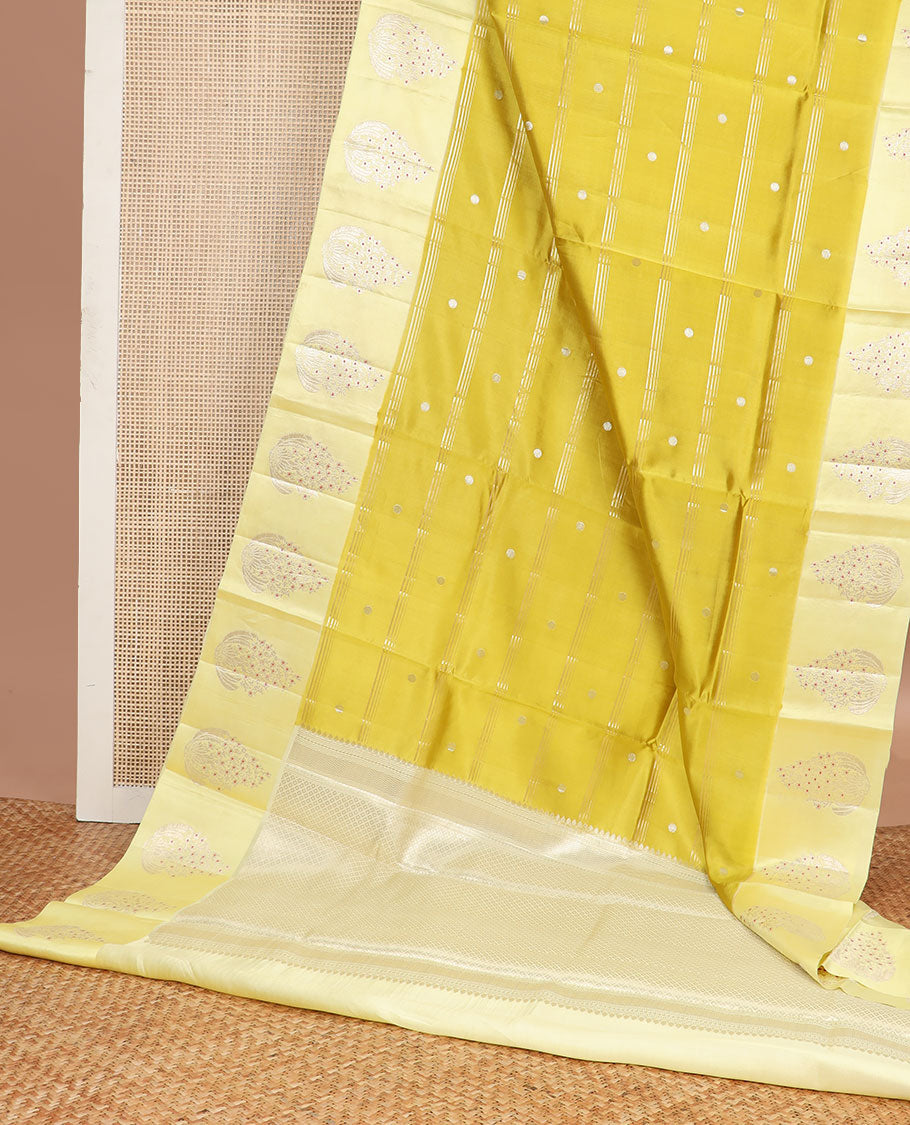 Mustard striped, motifs raw mango silk saree with self floral design border & checked design pallu