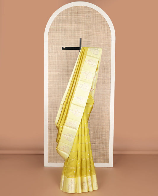 Mustard striped, motifs raw mango silk saree with self floral design border & checked design pallu