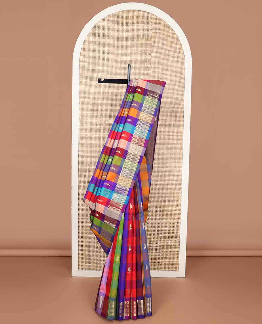 Multi-color checked, buttas kancheepuram silk saree with contrast border of manga, banaras design & zari design pallu