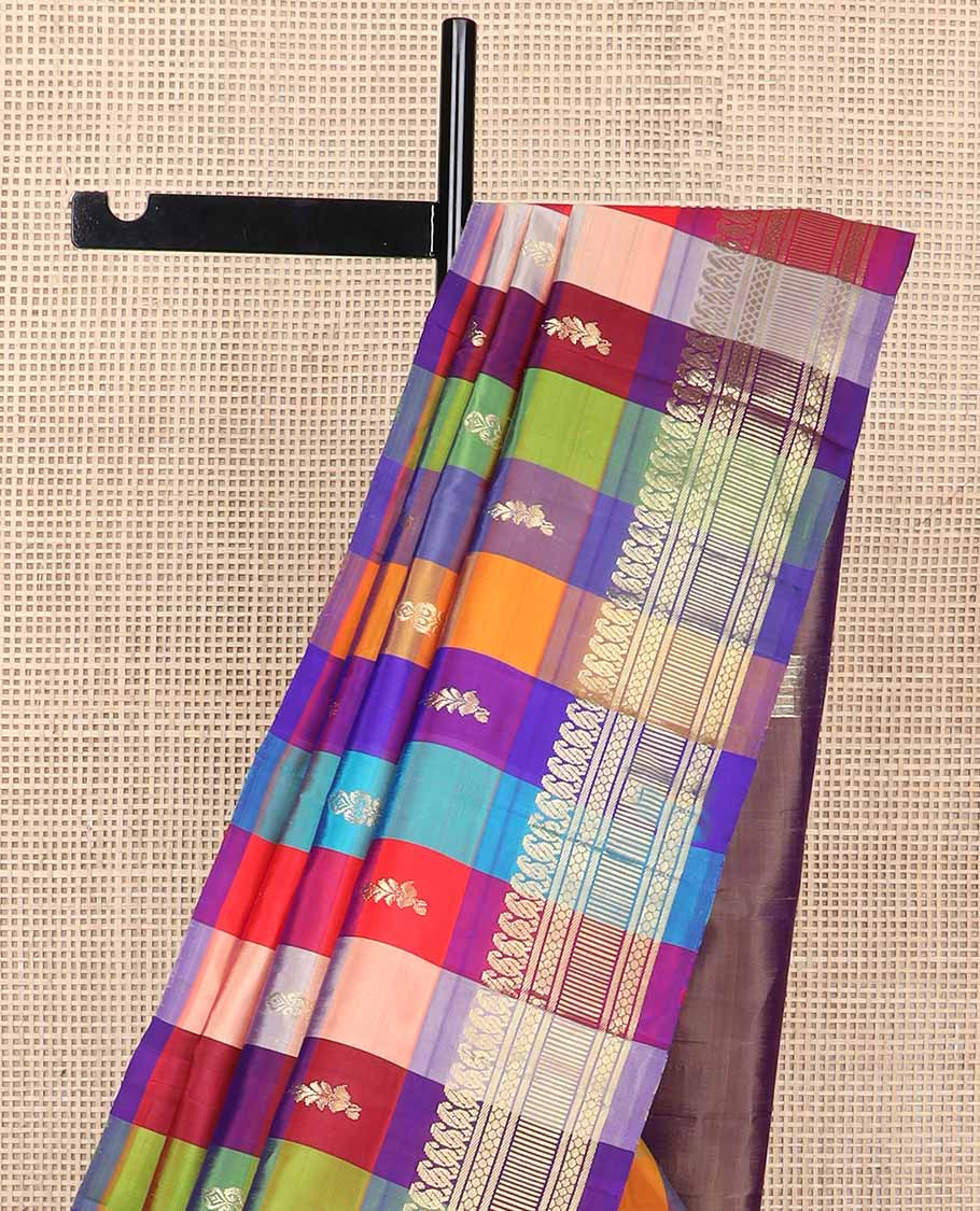 Multi-color checked, buttas kancheepuram silk saree with contrast border of manga, banaras design & zari design pallu