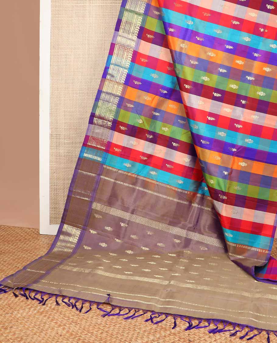 Multi-color checked, buttas kancheepuram silk saree with contrast border of manga, banaras design & zari design pallu