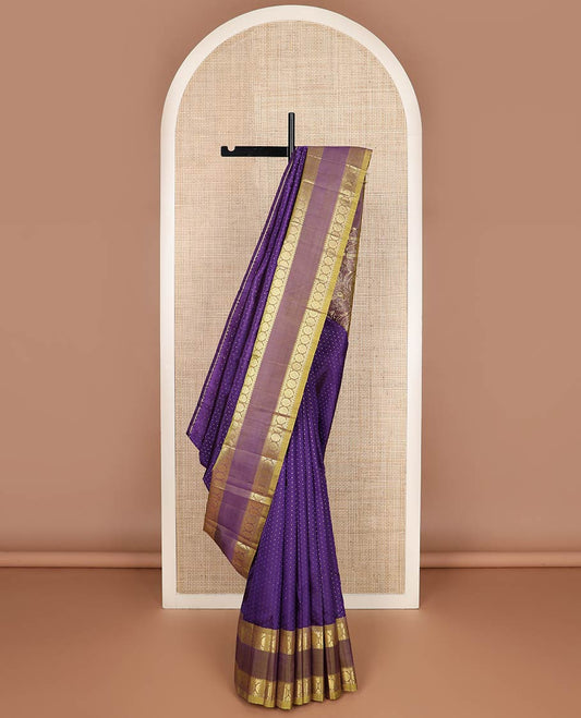Violet buttas kanchipuram silk saree, contrast rettai pettu one-sided zari border of rekku,banaras & chakram & floral design pallu