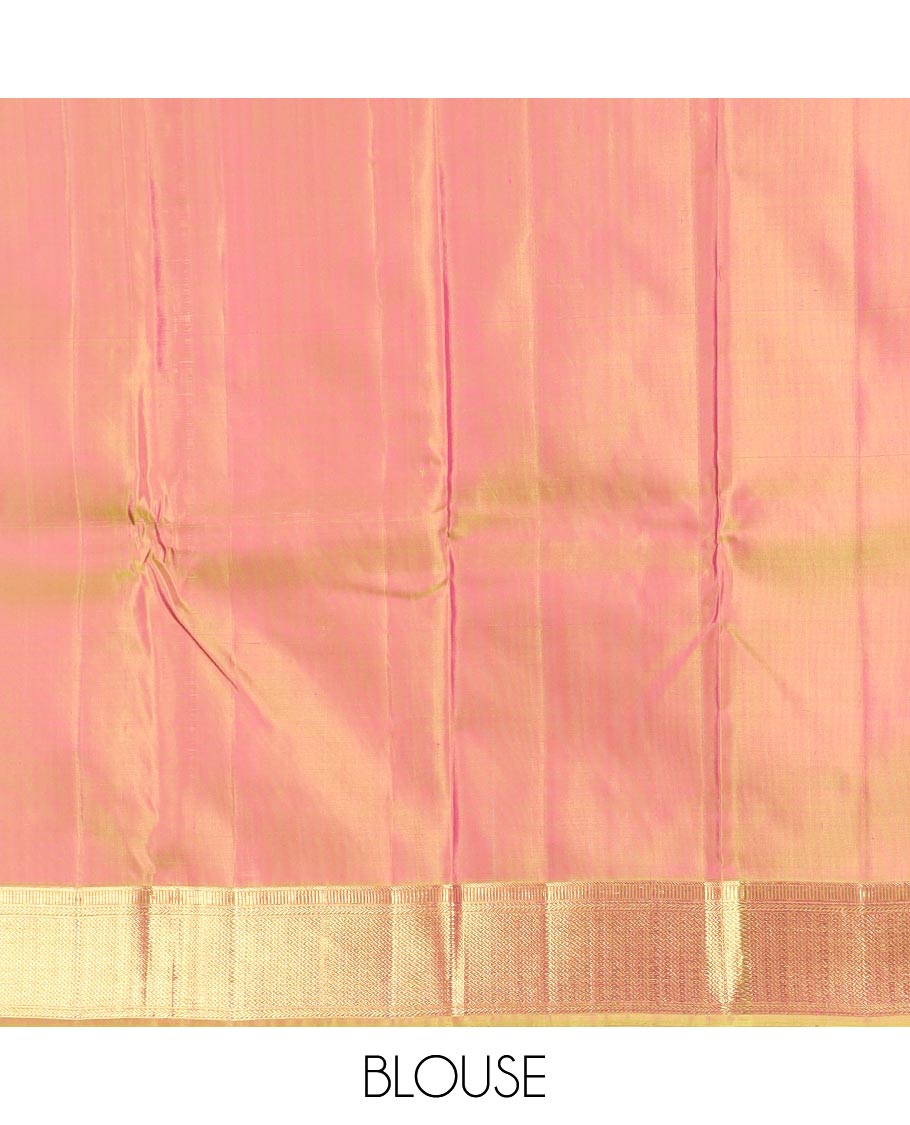 Rani pink zari buttas Kanchipuram silk saree, contrast traditional zari border, and kamalam designs steeped pallu