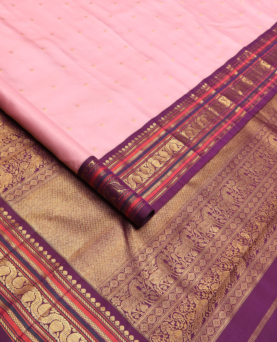 Pink zari buttas Kanchipuram silk saree, contrast border of salngai, banaras, kathir, and dhavana kodi designs, and intricate pallu