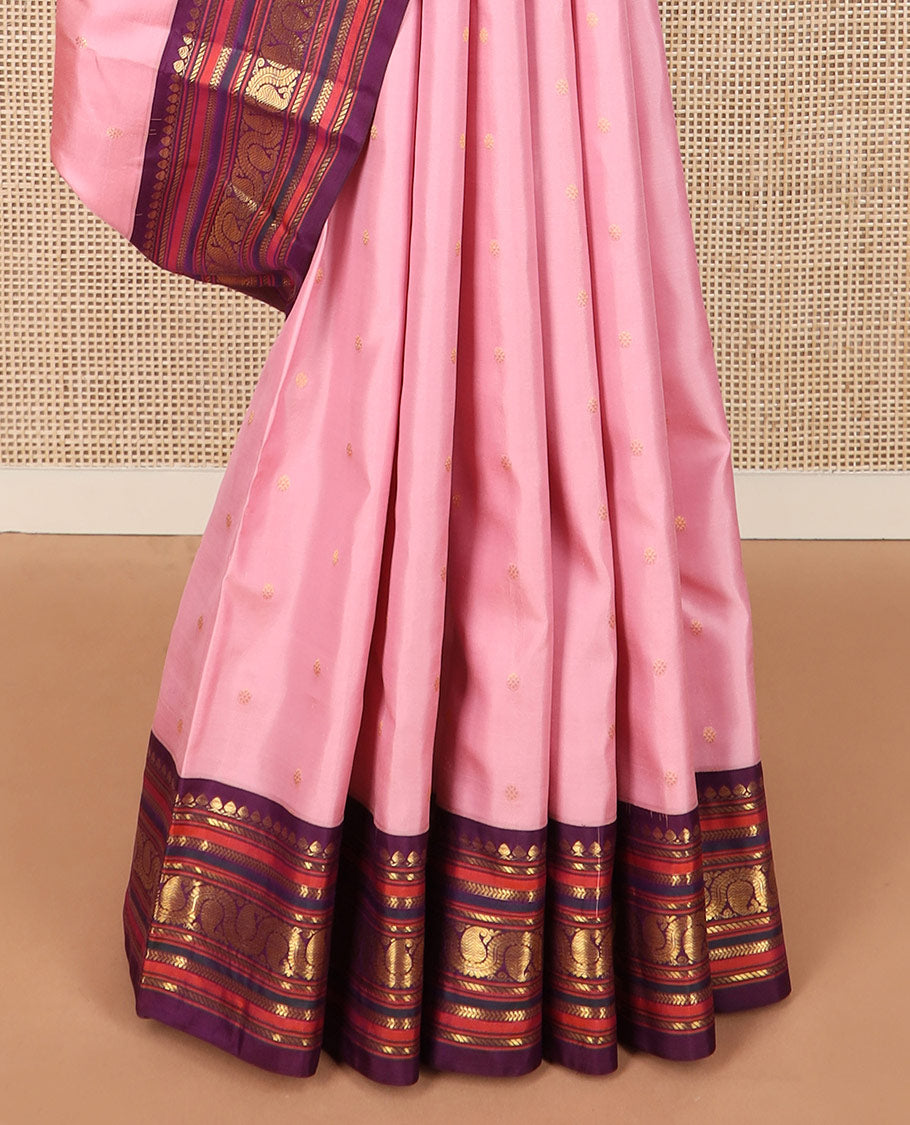 Pink zari buttas Kanchipuram silk saree, contrast border of salngai, banaras, kathir, and dhavana kodi designs, and intricate pallu