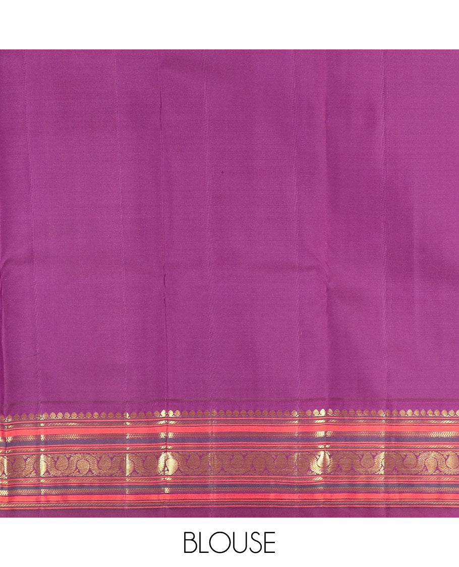 Pink zari buttas Kanchipuram silk saree, contrast border of salngai, banaras, kathir, and dhavana kodi designs, and intricate pallu