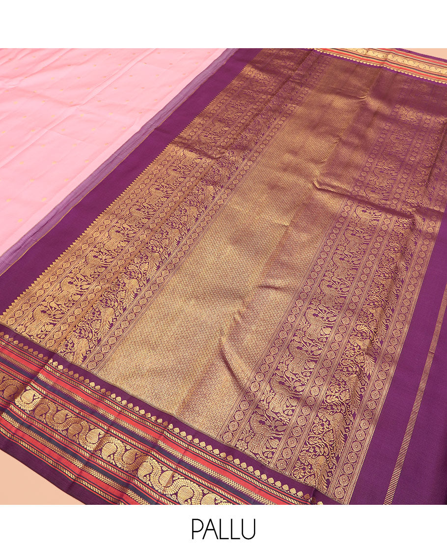 Pink zari buttas Kanchipuram silk saree, contrast border of salngai, banaras, kathir, and dhavana kodi designs, and intricate pallu