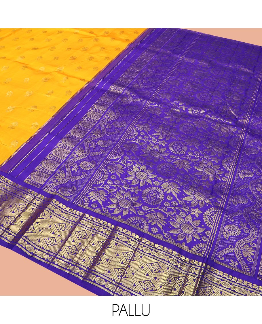 Yellow Kanchipuram Silk Saree Subtly Sparkled with Zari Buttas All Over Its Body, Complemented by a Contrast One-Sided Korvai Border of Manga Mokku, and Jaal Designs, Majestically Woven Pallu of Floral Jaal Designs, and Comes Without a Blouse