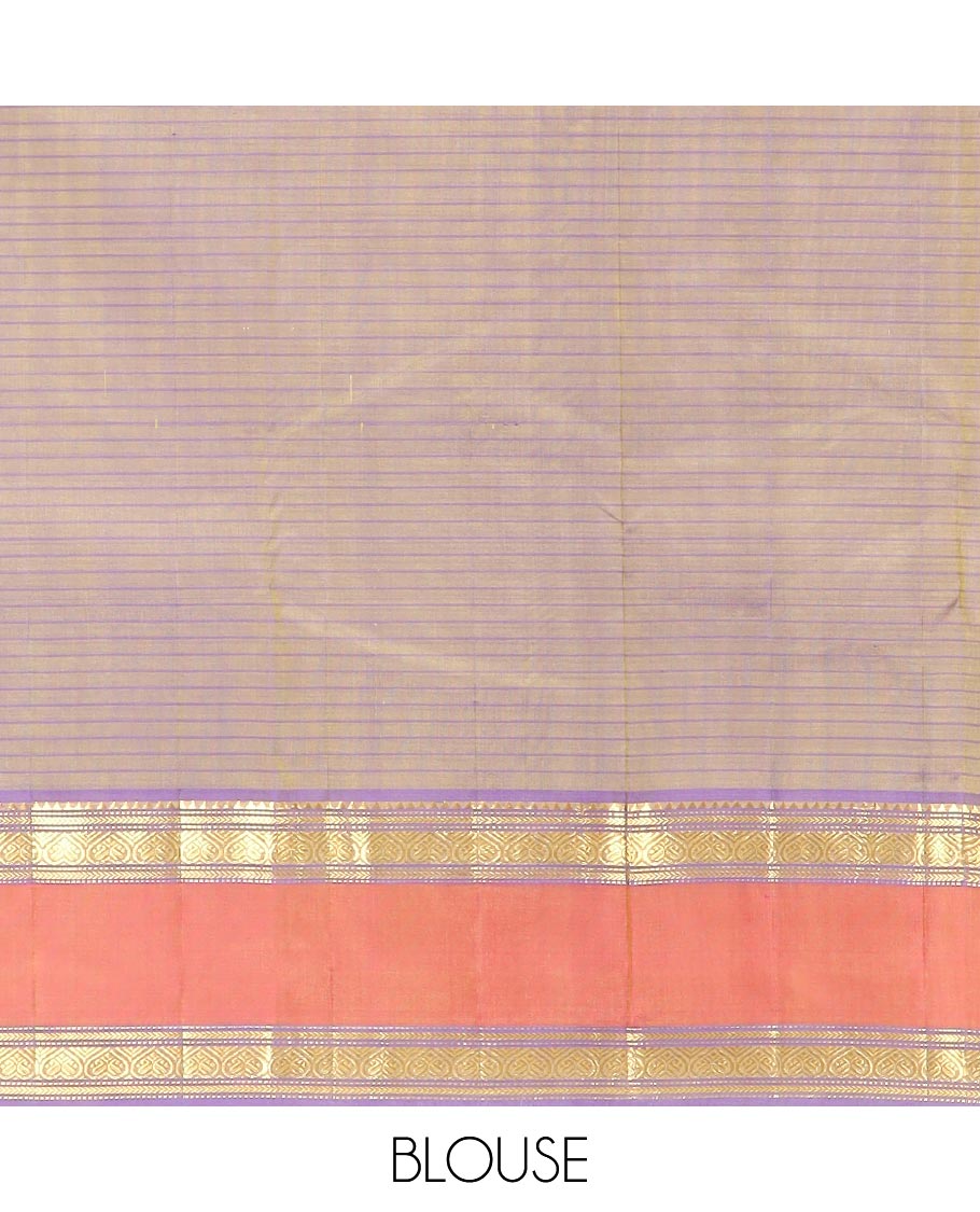 Pale Yellow Kanchipuram Silk Saree Embellished with Vazhaipoo Stripes, Complemented by Contrast Rettai Pettu Border of Rekku, Kathir, Muthu, and Jada Nagam Designs, Zari Woven Pallu, and Paired with a Contrast Blouse