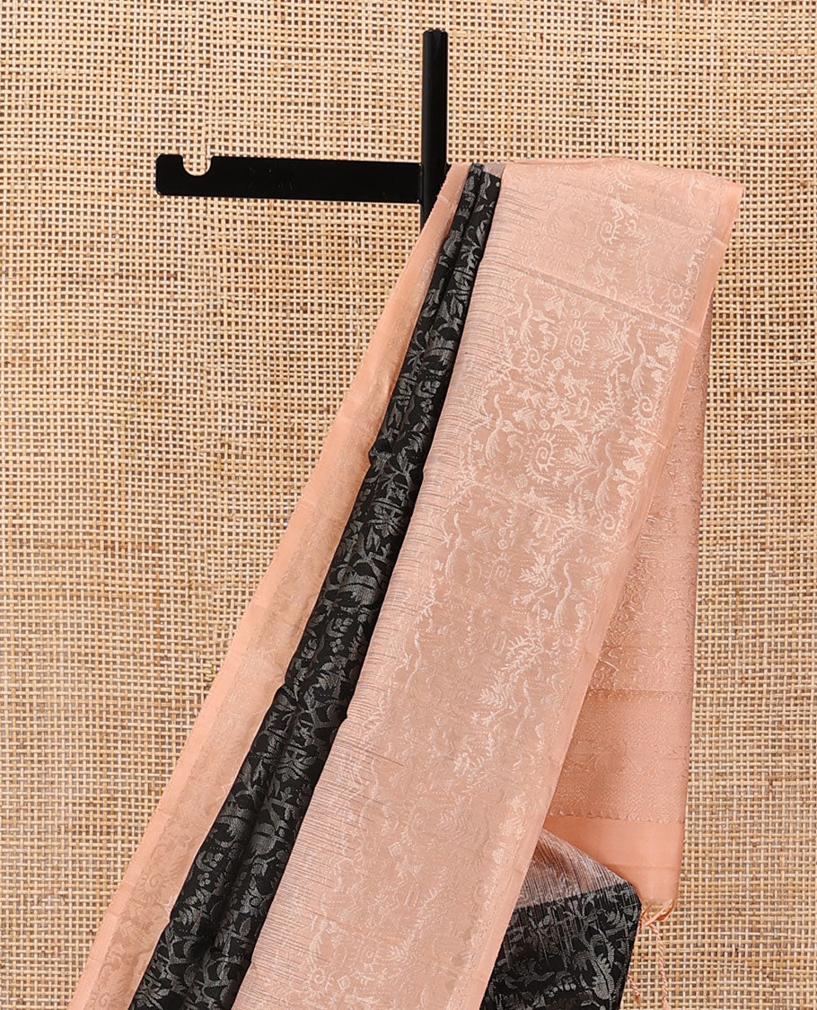 Black floral jacquard silk saree, contrast border & pallu of warli village characters