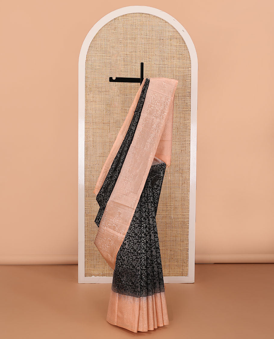 Black floral jacquard silk saree, contrast border & pallu of warli village characters