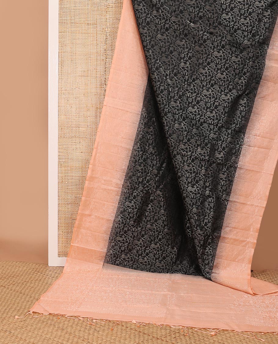 Black floral jacquard silk saree, contrast border & pallu of warli village characters