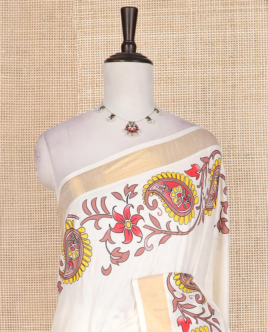 Cream floral, and paisley printed Kerala cotton saree, bavanji border, and floral, and paisley printed pallu