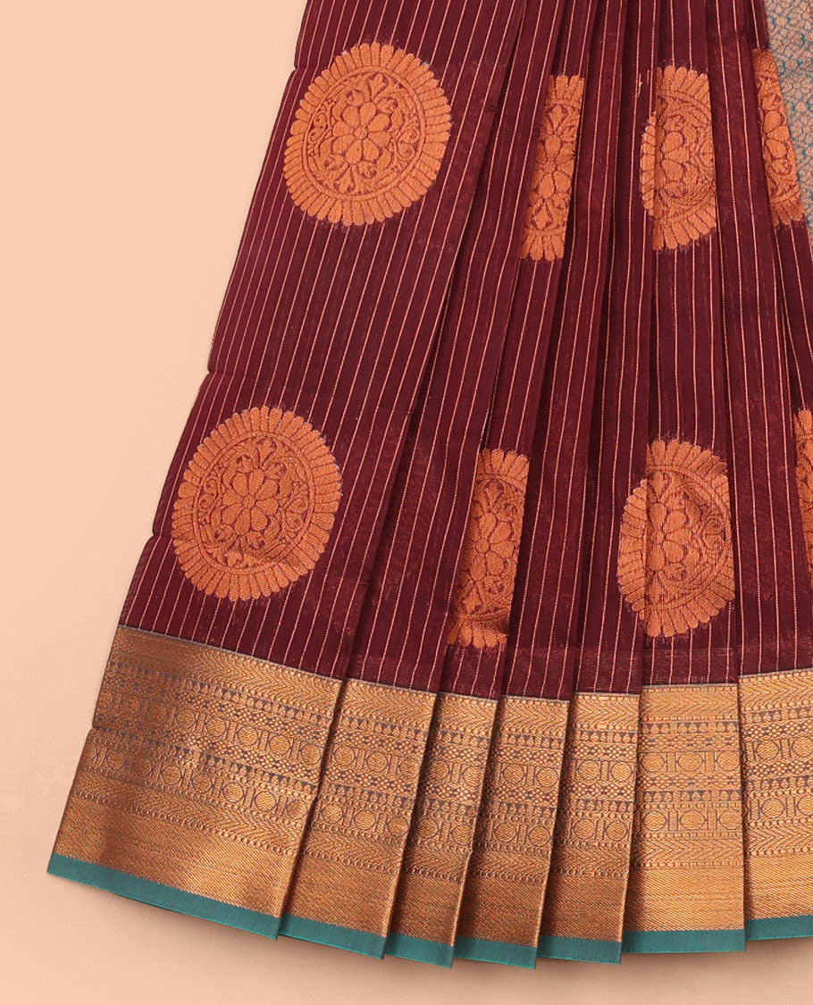 Marron striped, floral design design kora cotton saree with contrast intricate zari design border & jaal design pallu