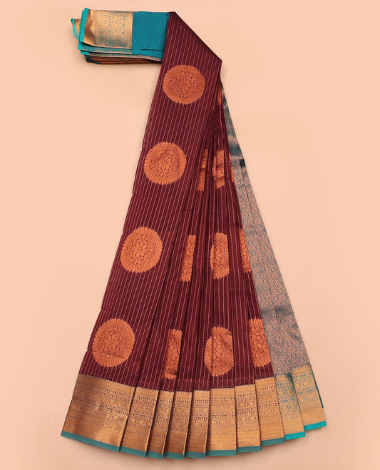 Marron striped, floral design design kora cotton saree with contrast intricate zari design border & jaal design pallu