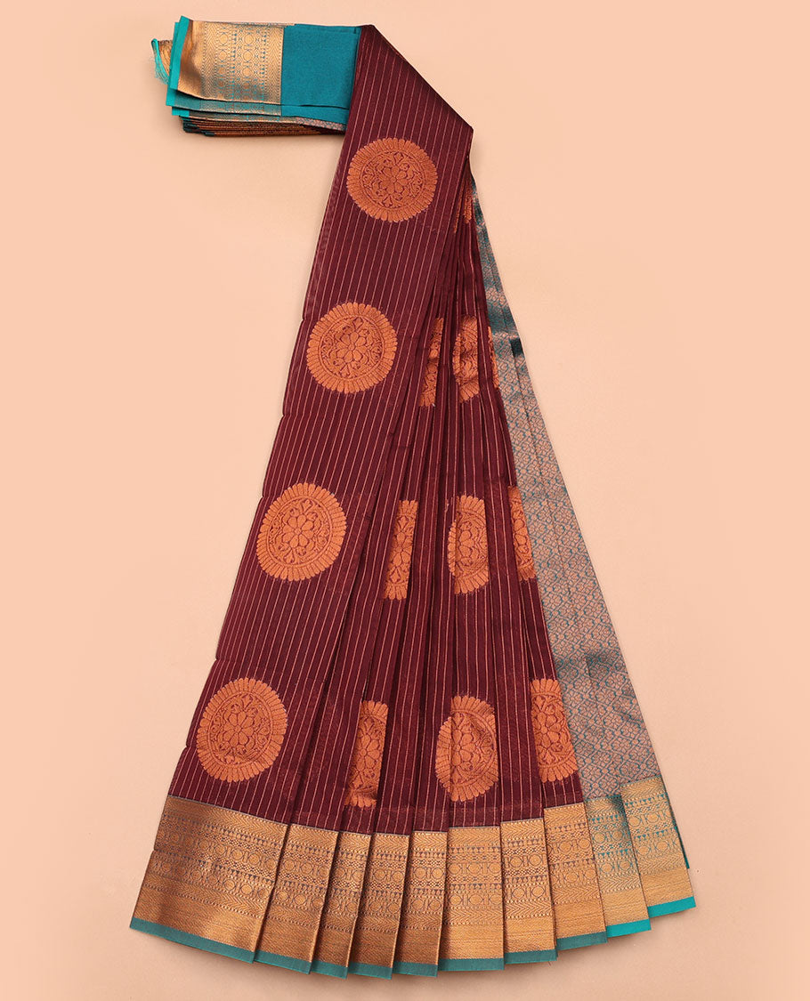Marron striped, floral design design kora cotton saree with contrast intricate zari design border & jaal design pallu
