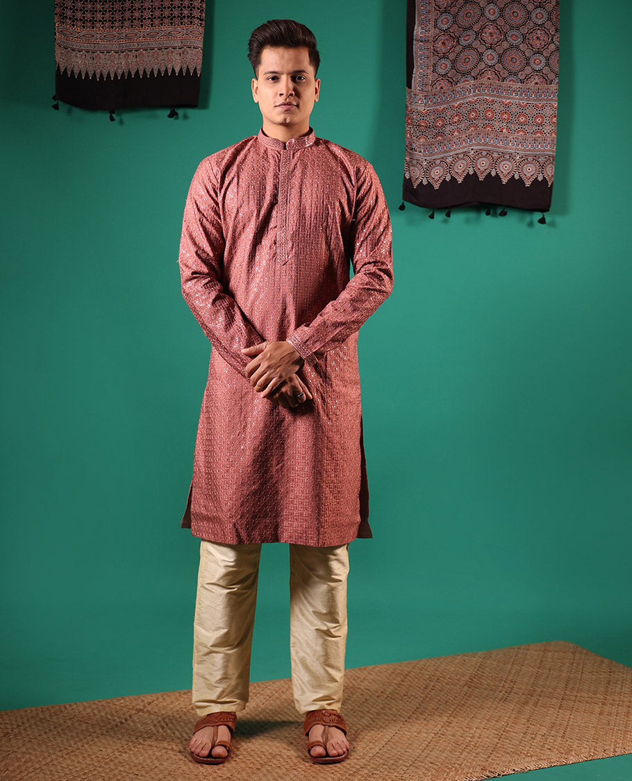 Pink sequins embroidered checked full-sleeved men's kurta