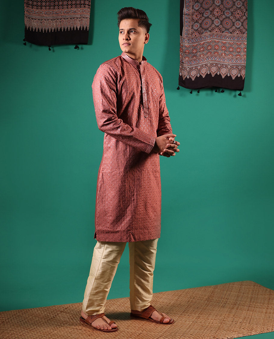 Pink sequins embroidered checked full-sleeved men's kurta