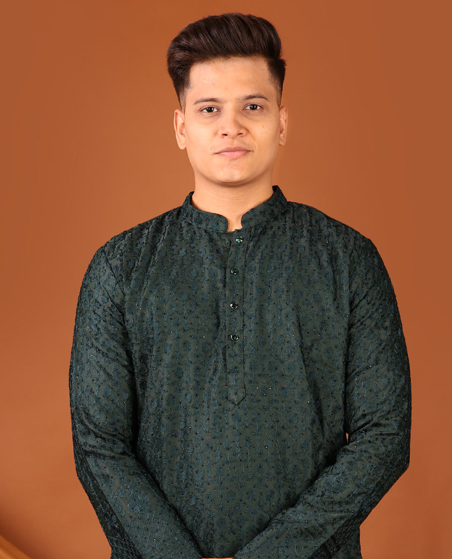 Dark Green Thread and Stone Embroidered Full-Sleeved Men's Kurta