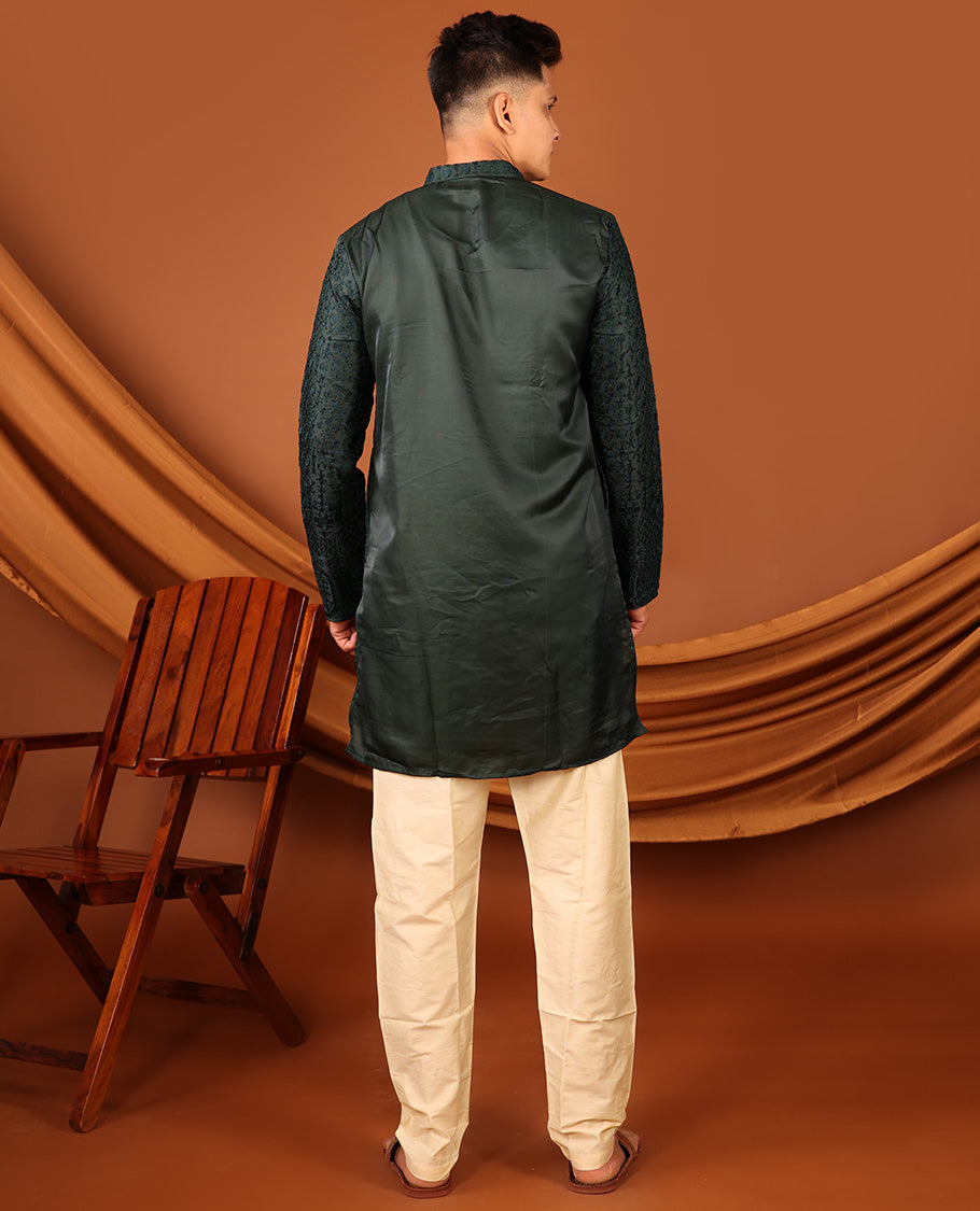 Dark Green Thread and Stone Embroidered Full-Sleeved Men's Kurta