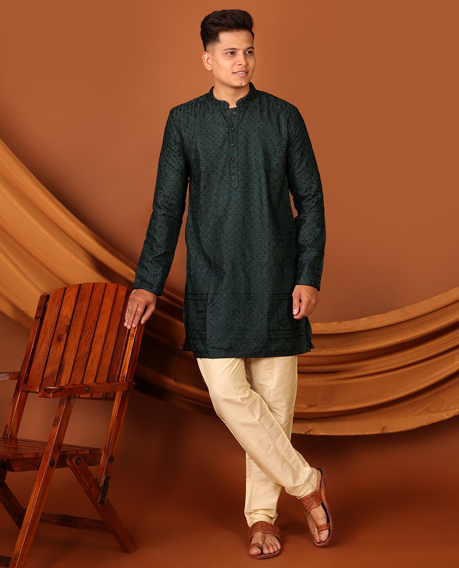 Dark Green Thread and Stone Embroidered Full-Sleeved Men's Kurta