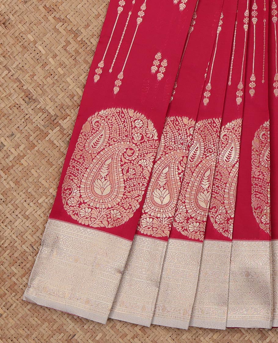 Red Litchi Saree, Detailed with Zari Buttas, a Contrast Traditional Zari Border, a Grand Pallu, and a Contrast Blouse