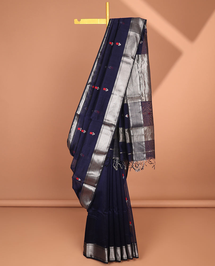 Blue Maheshwari cotton saree with floral buttas, traditional zari border & zari striped pallu