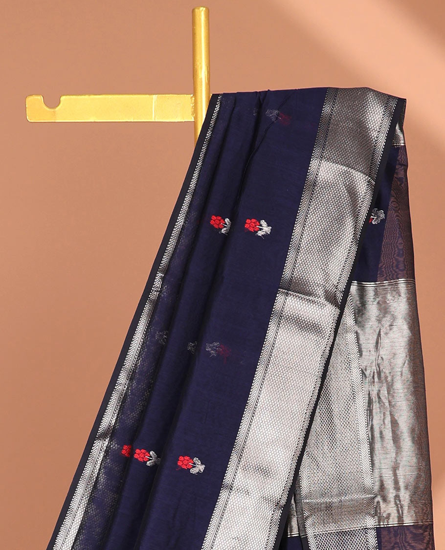 Blue Maheshwari cotton saree with floral buttas, traditional zari border & zari striped pallu