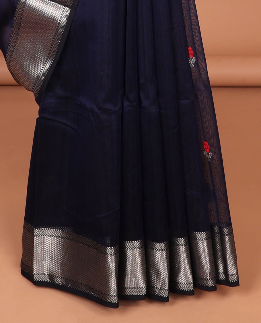 Blue Maheshwari cotton saree with floral buttas, traditional zari border & zari striped pallu