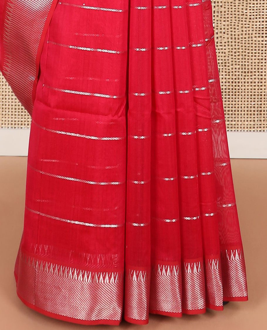 Red striped maheshwari cotton saree with self striped, temple border & checked pallu