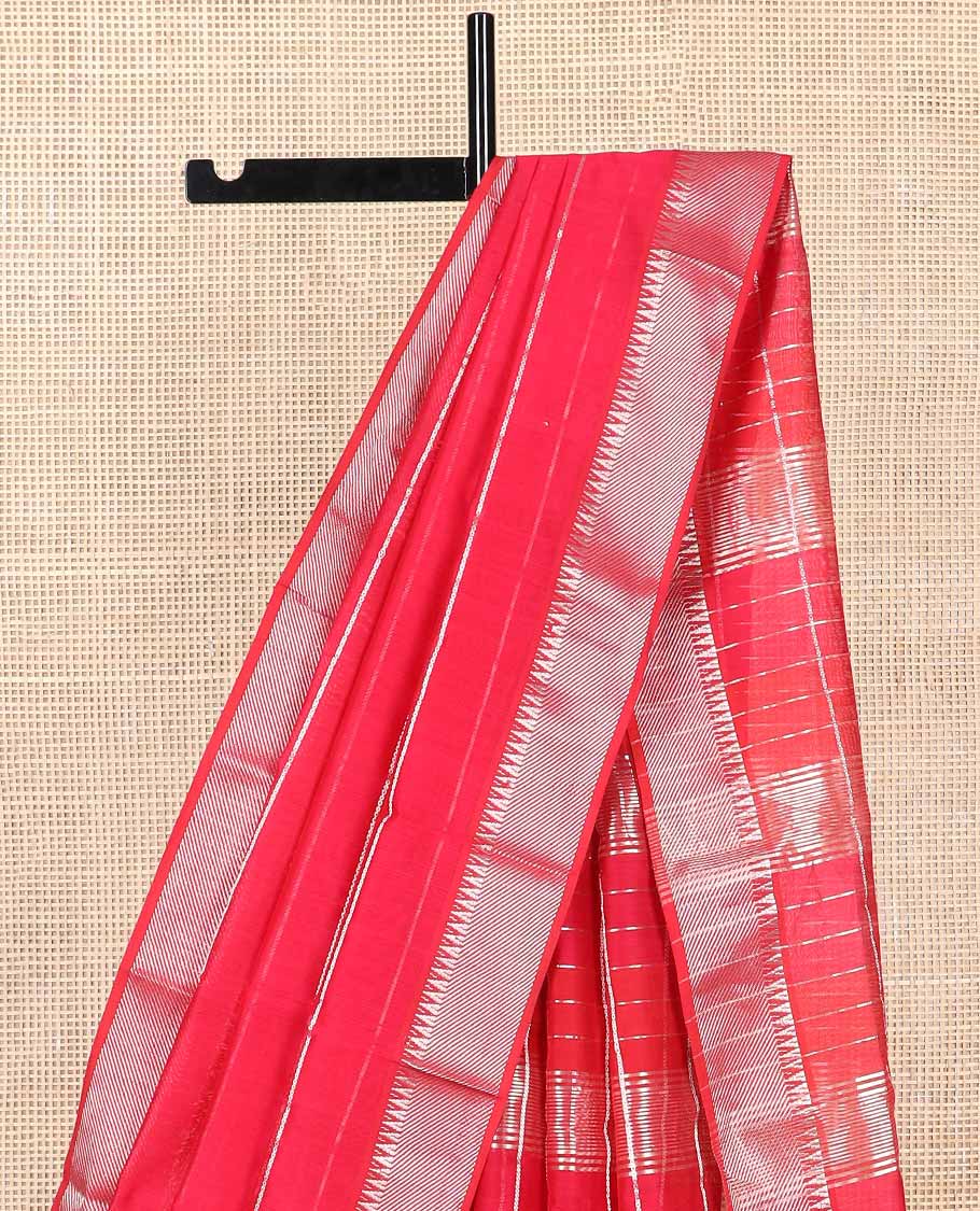 Red striped maheshwari cotton saree with self striped, temple border & checked pallu