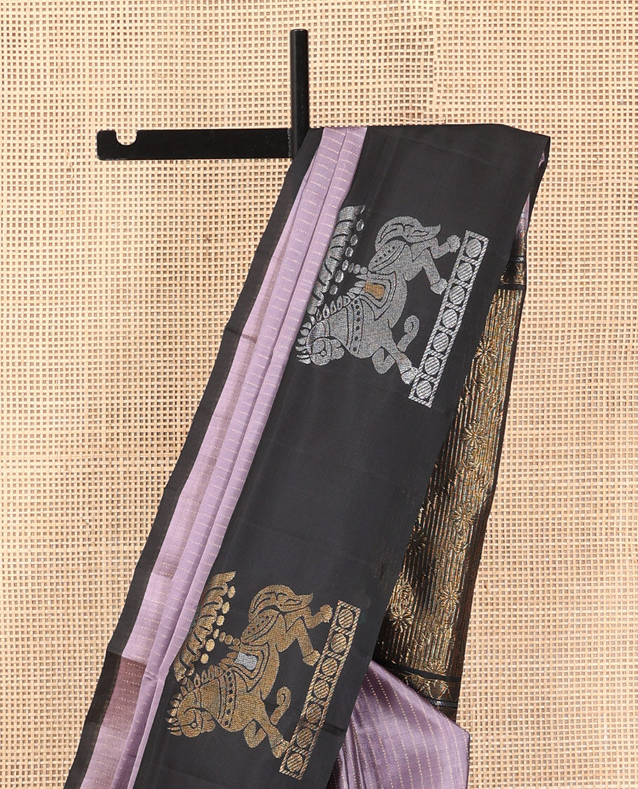 Light Lavender Mayuri Lite Silk Mix Saree, Subtly Sparkled with Muthu Stripes, Complemented by Contrast Border of Kuthirai Design, an Intricate Pallu, and a Contrast Blouse