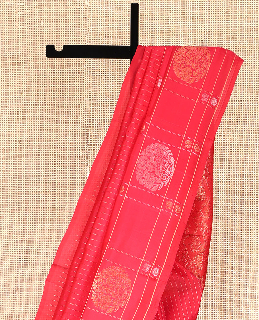 Red Mayuri Lite Silk Mix Saree, Finely Crafted with Muthu Stripes All Over Its Body, Highlighted by a Zari Butta Enclosed Checked Border, Pallu of Intricate Designs, and Paired with a Matching Blouse