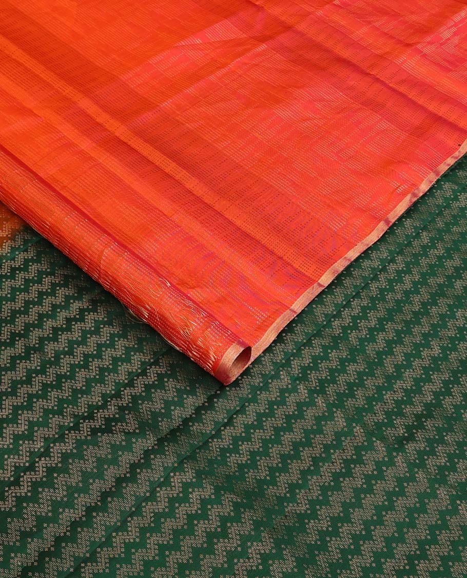 Borderless orange thazampoo rekku motifs steeped soft silk saree, contrast pallu of chevron designs