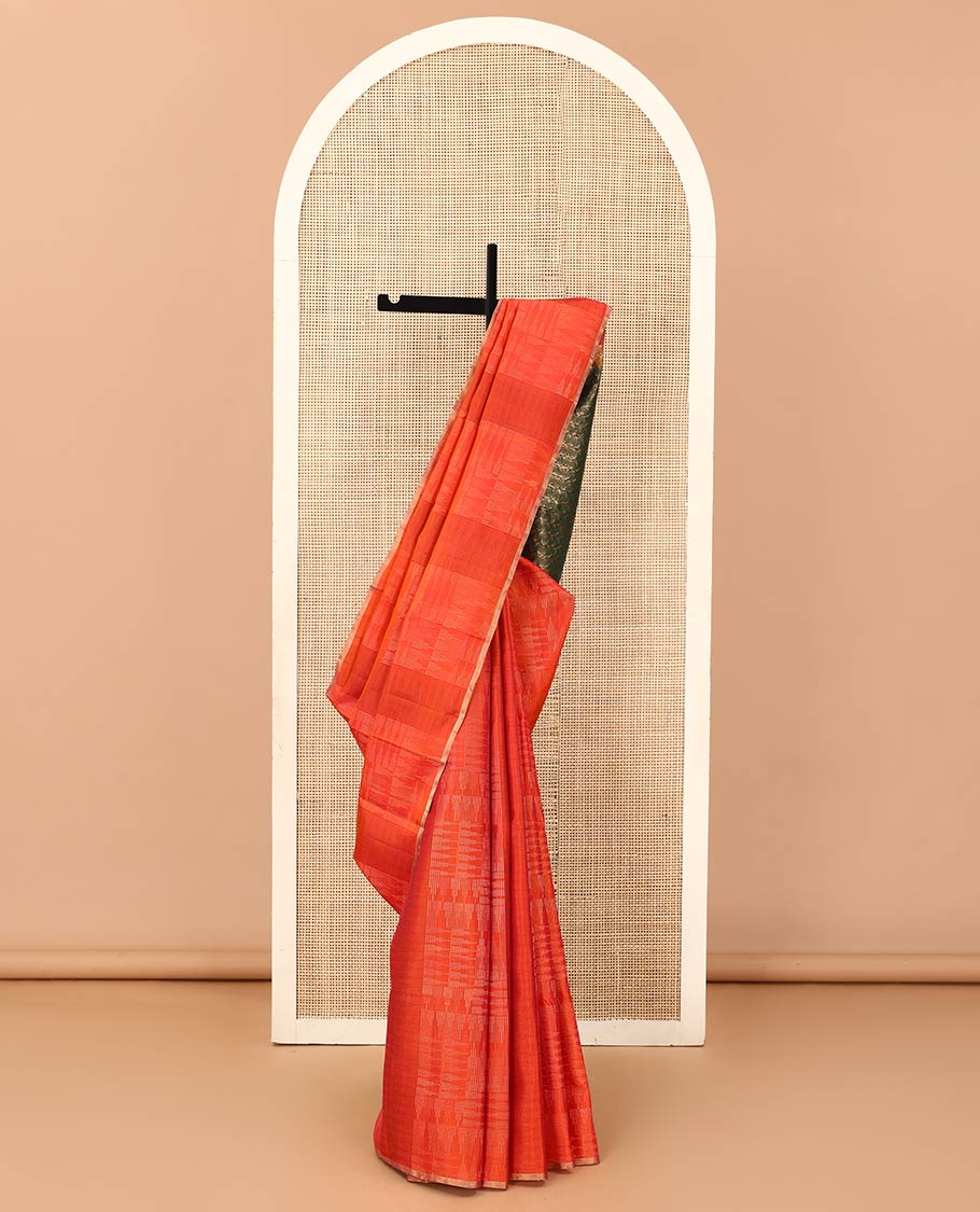 Borderless orange thazampoo rekku motifs steeped soft silk saree, contrast pallu of chevron designs