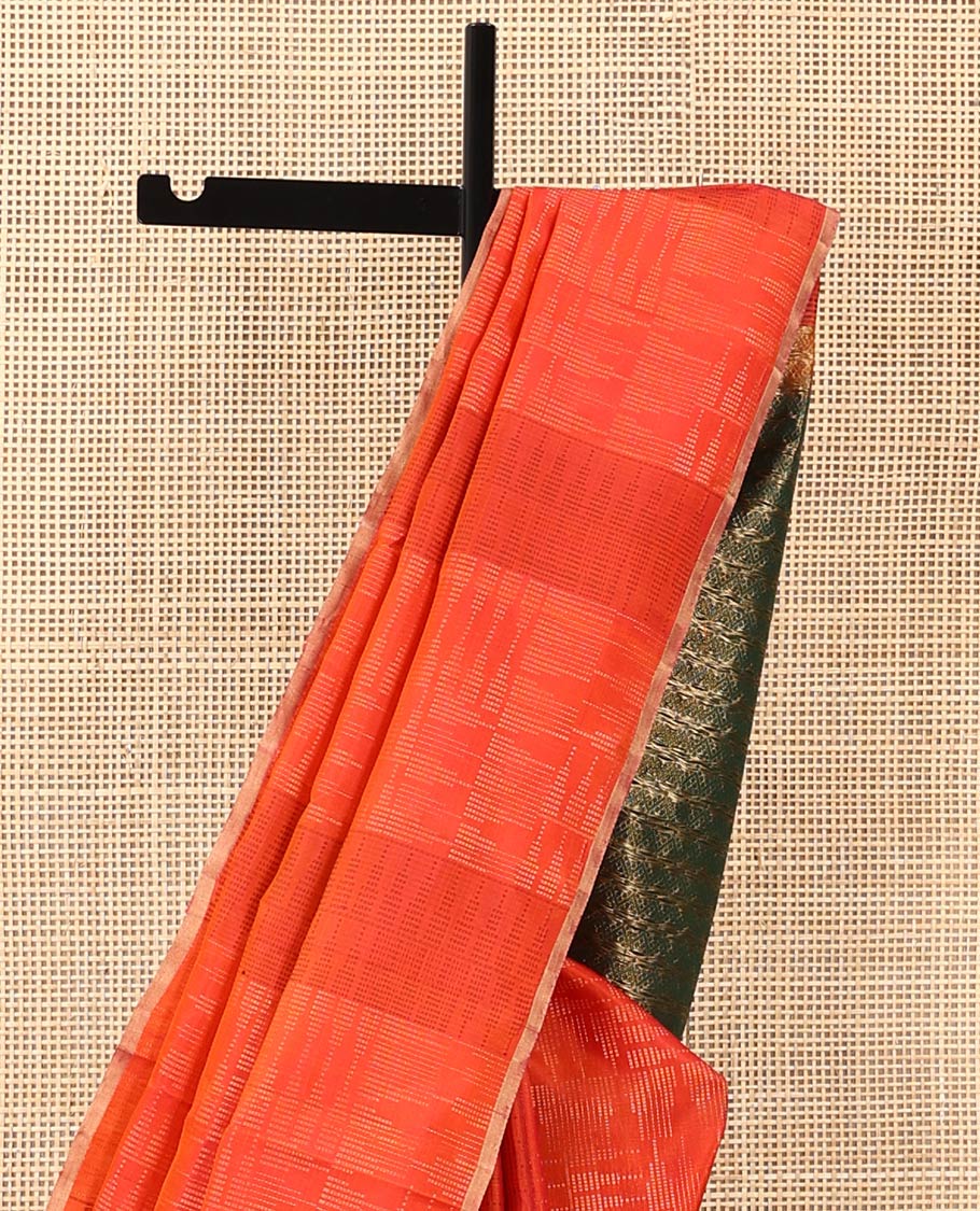 Borderless orange thazampoo rekku motifs steeped soft silk saree, contrast pallu of chevron designs