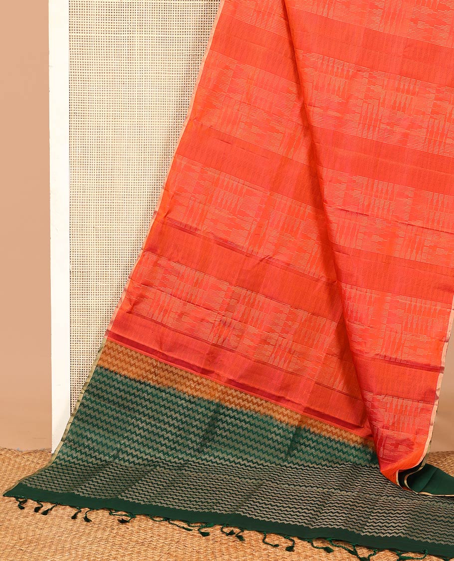 Borderless orange thazampoo rekku motifs steeped soft silk saree, contrast pallu of chevron designs