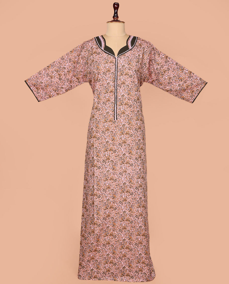Pale Pink Cotton Nighty Embellished with Floral Print, Featuring Lace Work, Sweet-Heart-Style Front Neck, and 3/4th Sleeves
