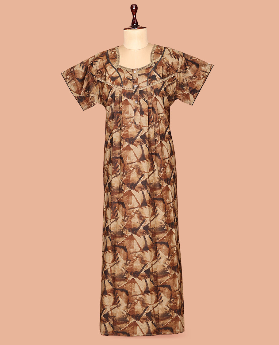 Brown Abstract Print Cotton-Blended Nighty