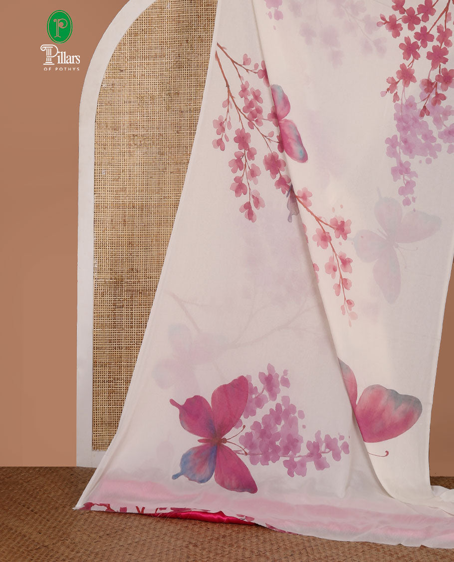 Borderless Cream with rani pink butterfly, floral printed marble chiffon saree with butterfly, floral printed pallu & handwork blouse