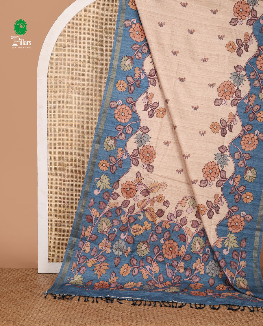 Cream floral motif printed katan silk saree, contrast blue-color border & pallu of kalamkari-style floral vine print
