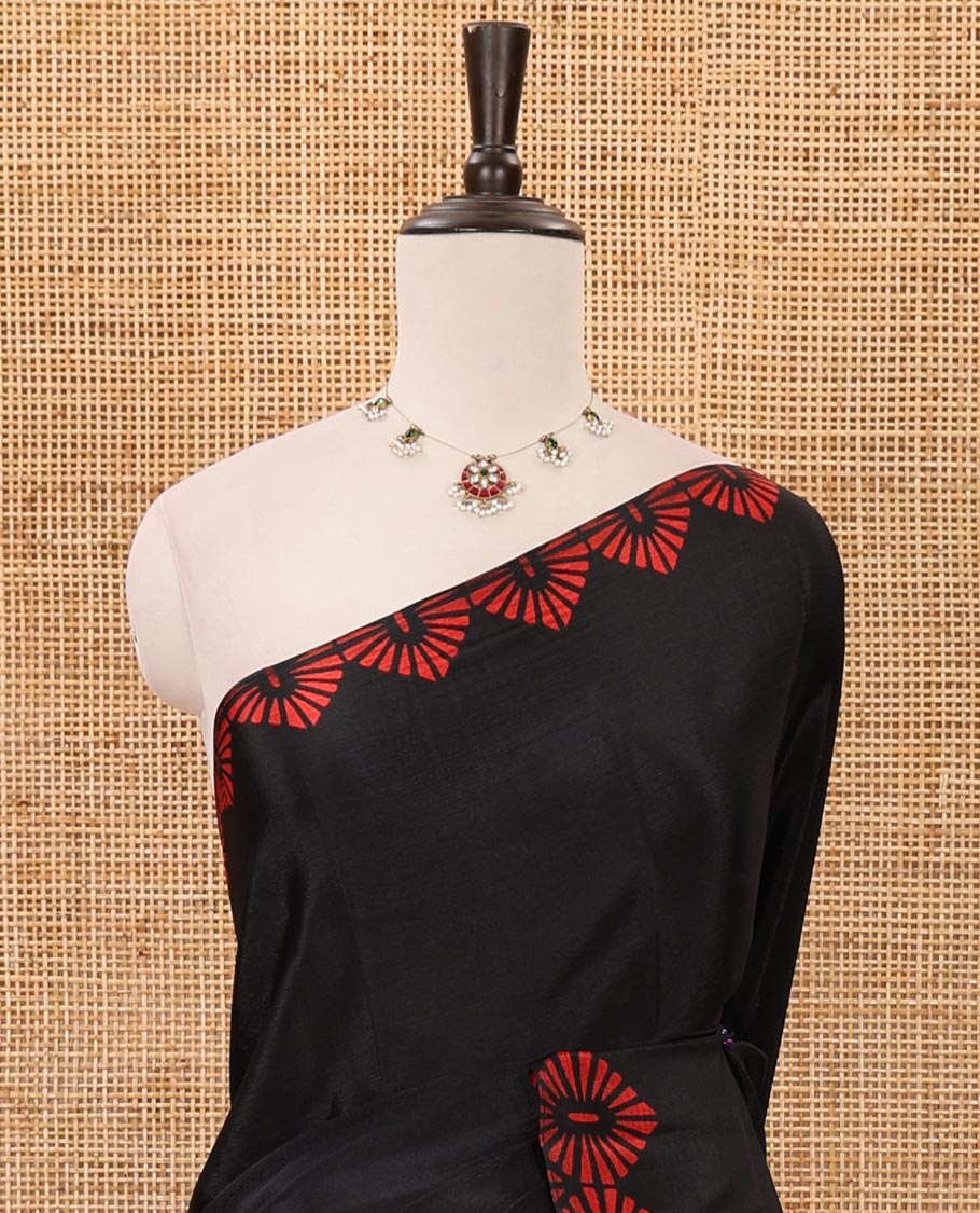 Black plain design turkey crepe saree, triangle motif printed border, leaf-like shape printed pallu & printed blouse