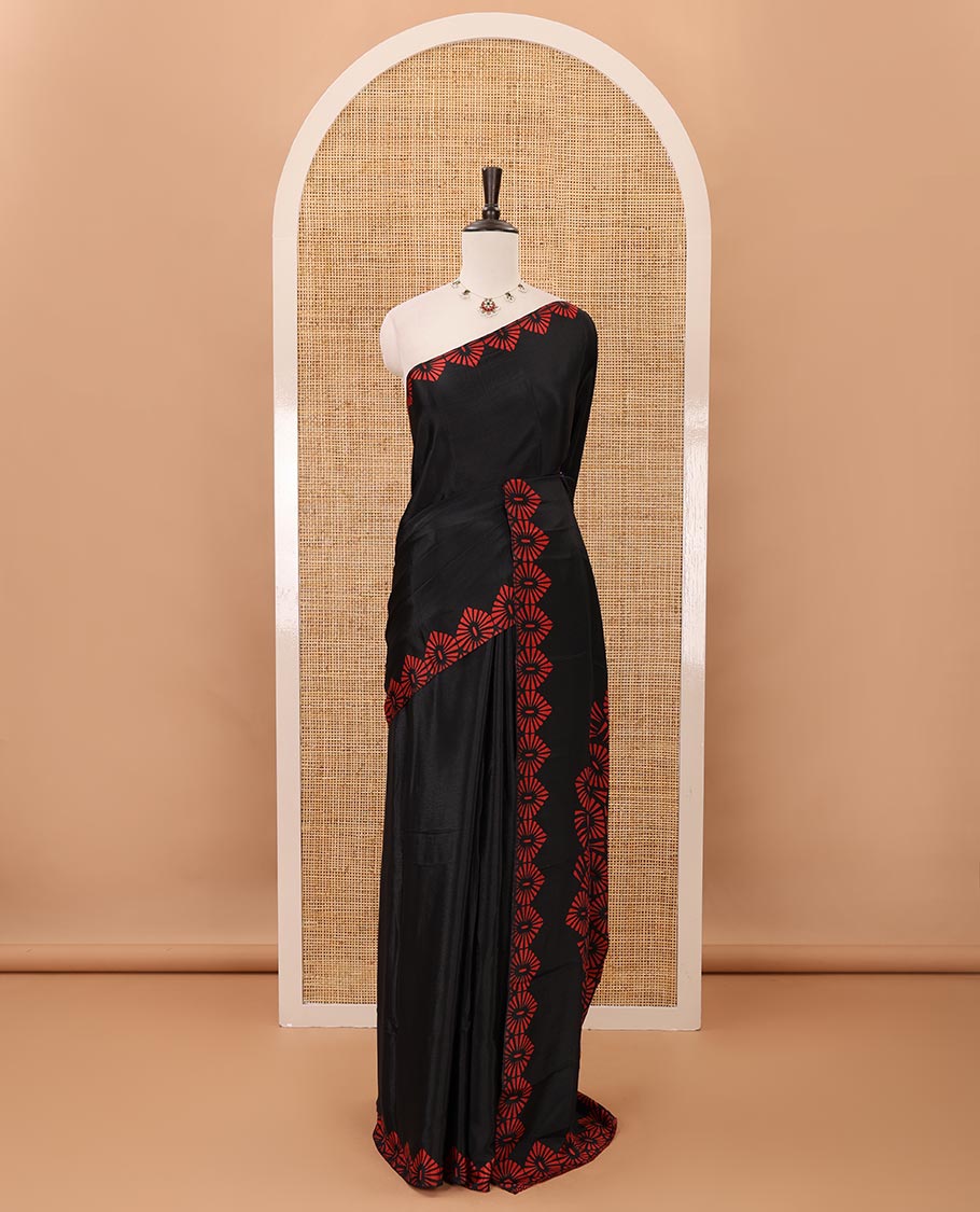 Black plain design turkey crepe saree, triangle motif printed border, leaf-like shape printed pallu & printed blouse