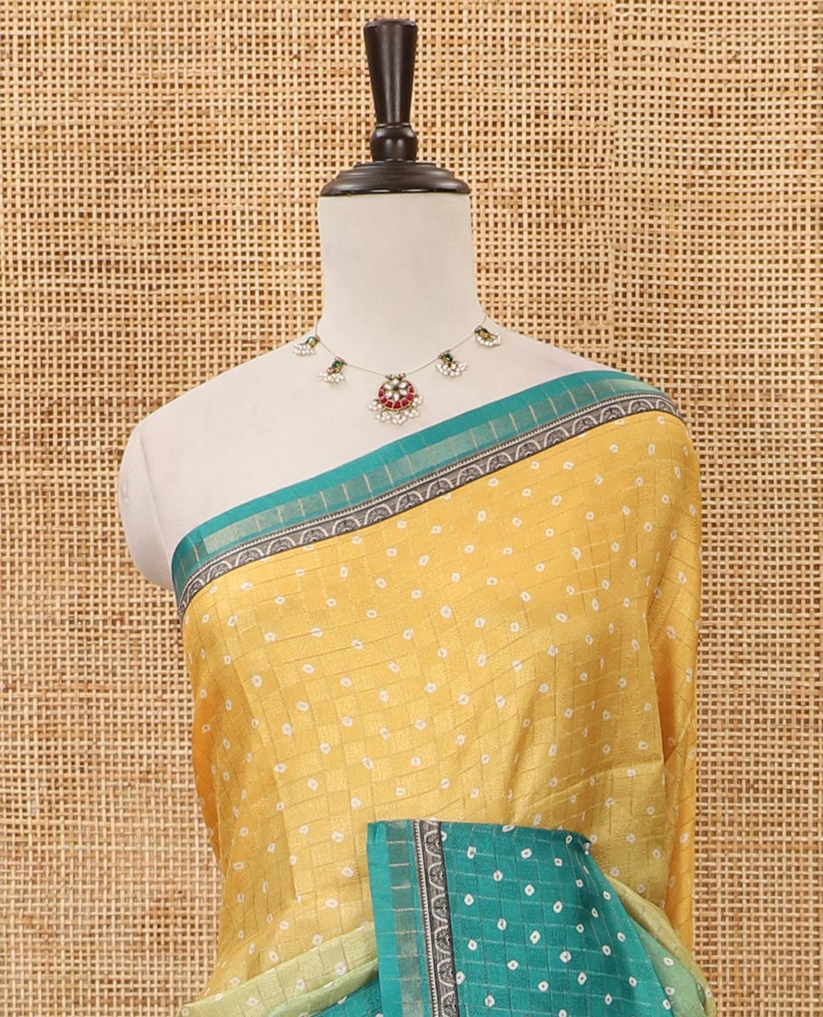 Multi-color ombre-style dyed bandhani dots print checked khadi tussar saree,piping printed border,flora-fauna printed pallu & contrast printed blouse
