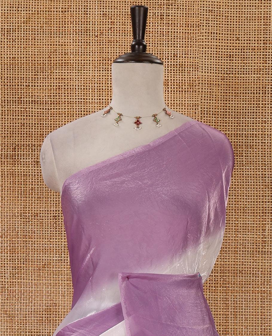 Borderless lavender tie-dye-style printed fendy satin saree, self-pallu with tassels & plain blouse