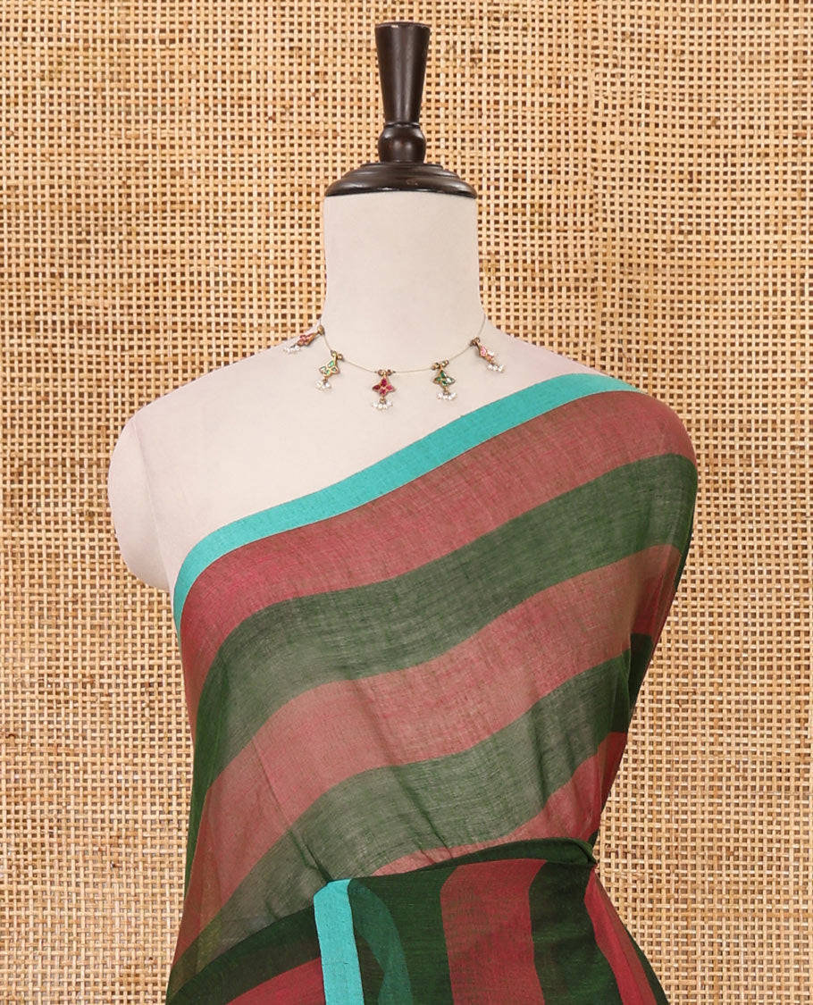 Olive green horizontal striped khadi cotton saree, contrast piping border & matching horizontal striped blouse